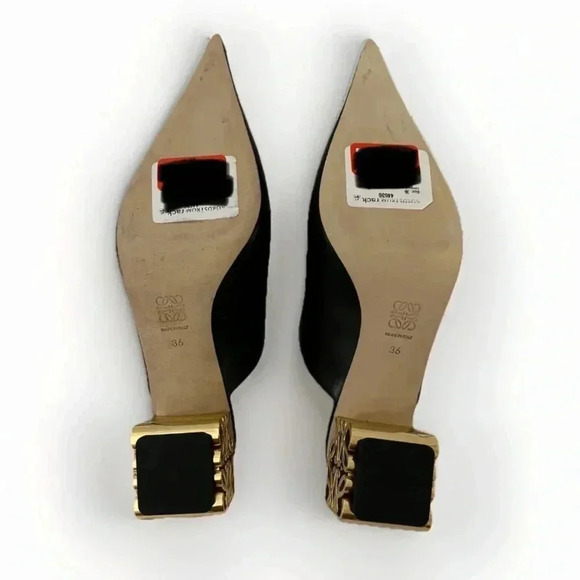 NEW LOEWE Anagram Black Gold Pointed Slip On Mules 6Chunk Heel, SiZE 36EU - Picture 9 of 9